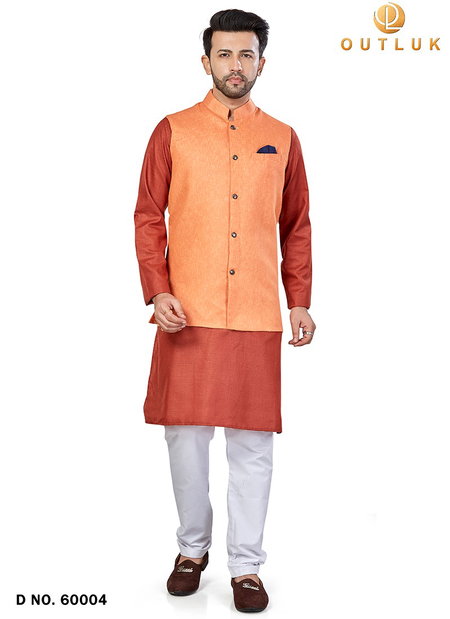 Orange Colour Outluk Vol 60 New Festive Wear Kurta Pajama With Jacket Mens Collection 60004